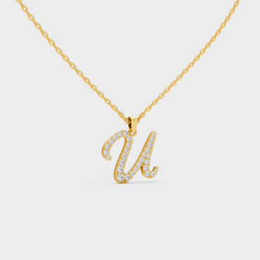 Close Up of Initial Letter U Sustainable Diamond Pendant and 18K Yellow Gold Chain
