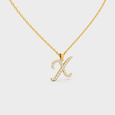 Close Up of Initial Letter X Sustainable Diamond Pendant and 18K Yellow Gold Chain