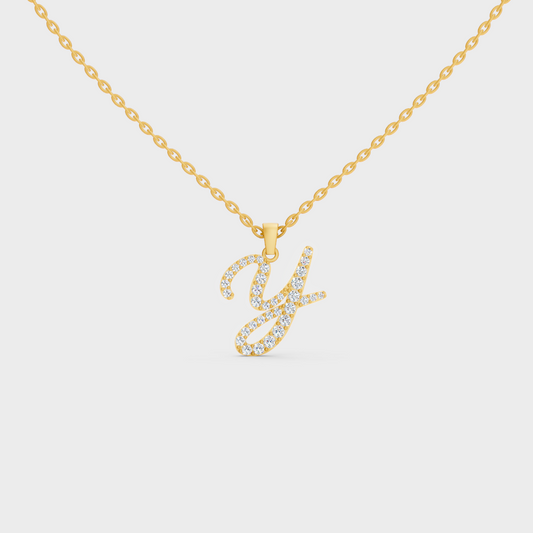 Front View of "Y" Alphabet Lab Grown Diamond Pendant with Matching Yellow Gold Chain