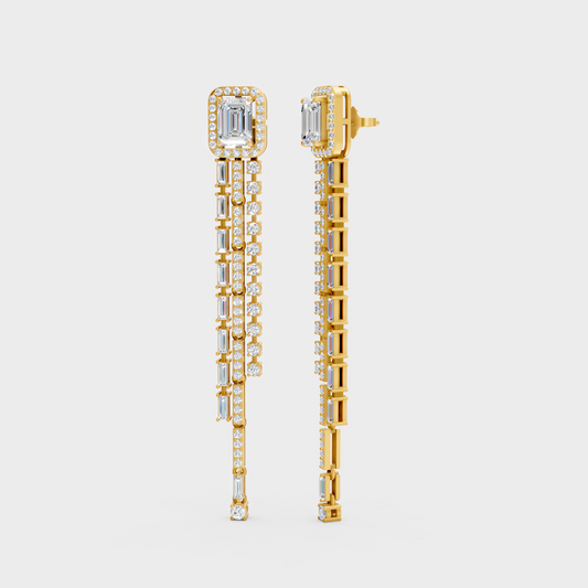 4.25 Ct Total Round Emerald Baguette Lab Grown Diamond Drop Earrings In Yellow Gold Luxury Jewelry