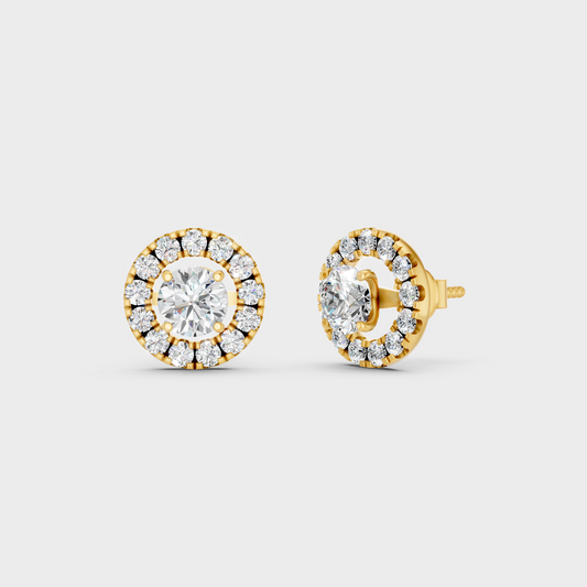 Luxury Round Halo Diamond Earrings In Yellow Gold With Brilliant Sparkle