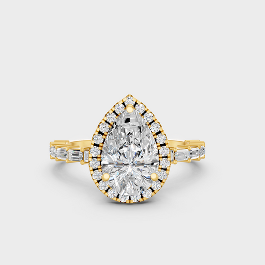 Luxury Multi Shape Halo Diamond Ring In Yellow Gold Pear Baguette Round Design