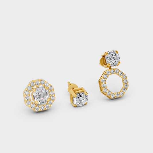 Lab-Grown Diamond Convertible Earrings In Yellow Gold Featuring 2.6 Carat Total Weight Octagon And Round Cut Certified Diamonds With 1.3 Carat Each