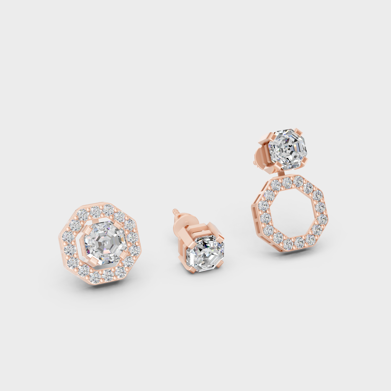 Romantic Rose Gold Convertible Earrings Featuring 2.6 Ct TW Certified Octagon And Round Cut Lab-Grown Diamonds With 1.3 Carat Each