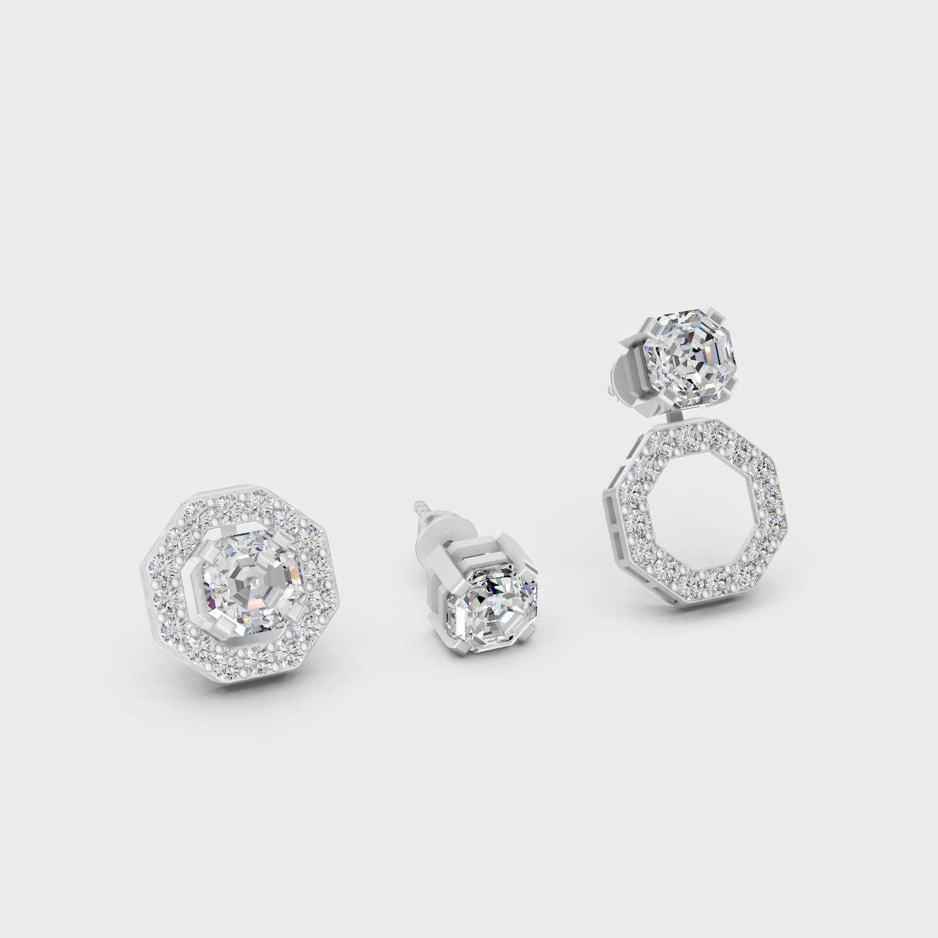 White Gold Lab-Grown Diamond Convertible Earrings Featuring 2.6 Carat Total Weight Certified Octagon And Round Cut Diamonds
