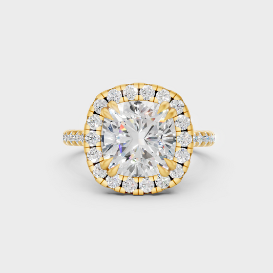 Luxury Cushion Halo Diamond Ring In Yellow Gold With Round Accents