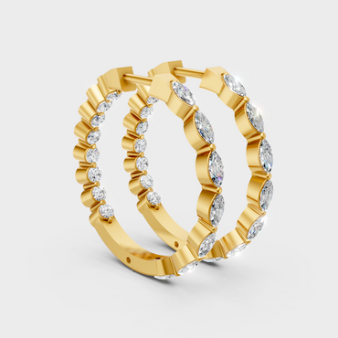 Elegant yellow gold diamond hoops featuring alternating marquise and round lab diamonds