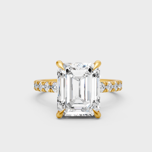 Certified 4.30 Carat Emerald-Cut Lab-Grown Diamond Hidden Halo Ring In 18K Yellow Gold