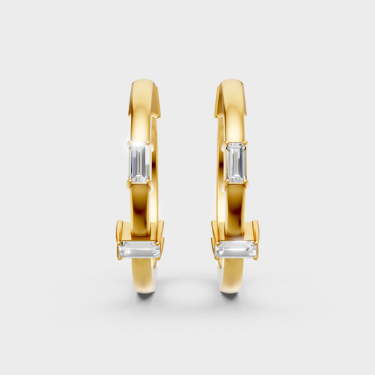 Elegant Baguette Cut Lab Grown Diamond Hoop Earrings In Yellow Gold Luxury