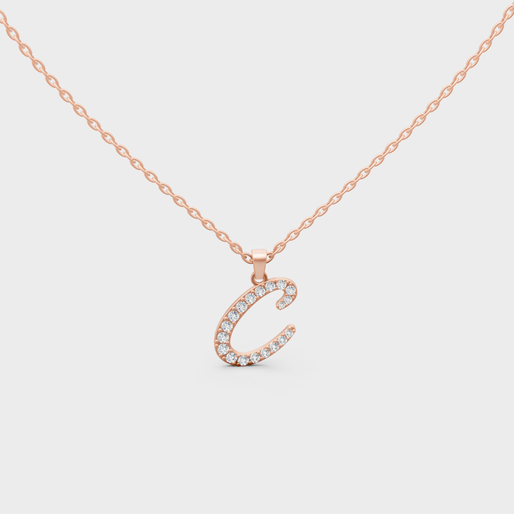 Blush Pink 14K Rose Gold Letter C Initial Necklace Set with Brilliant Round Lab Diamonds