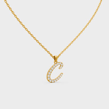 Front View of "C" Alphabet Lab Grown Diamond Pendant with Matching Yellow Gold Chain
