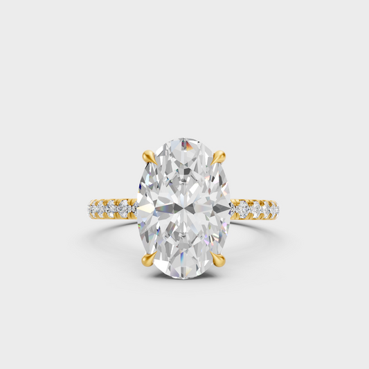 Certified 4.62 Ct oval and round cut lab-grown diamond hidden halo ring in 18K yellow gold.