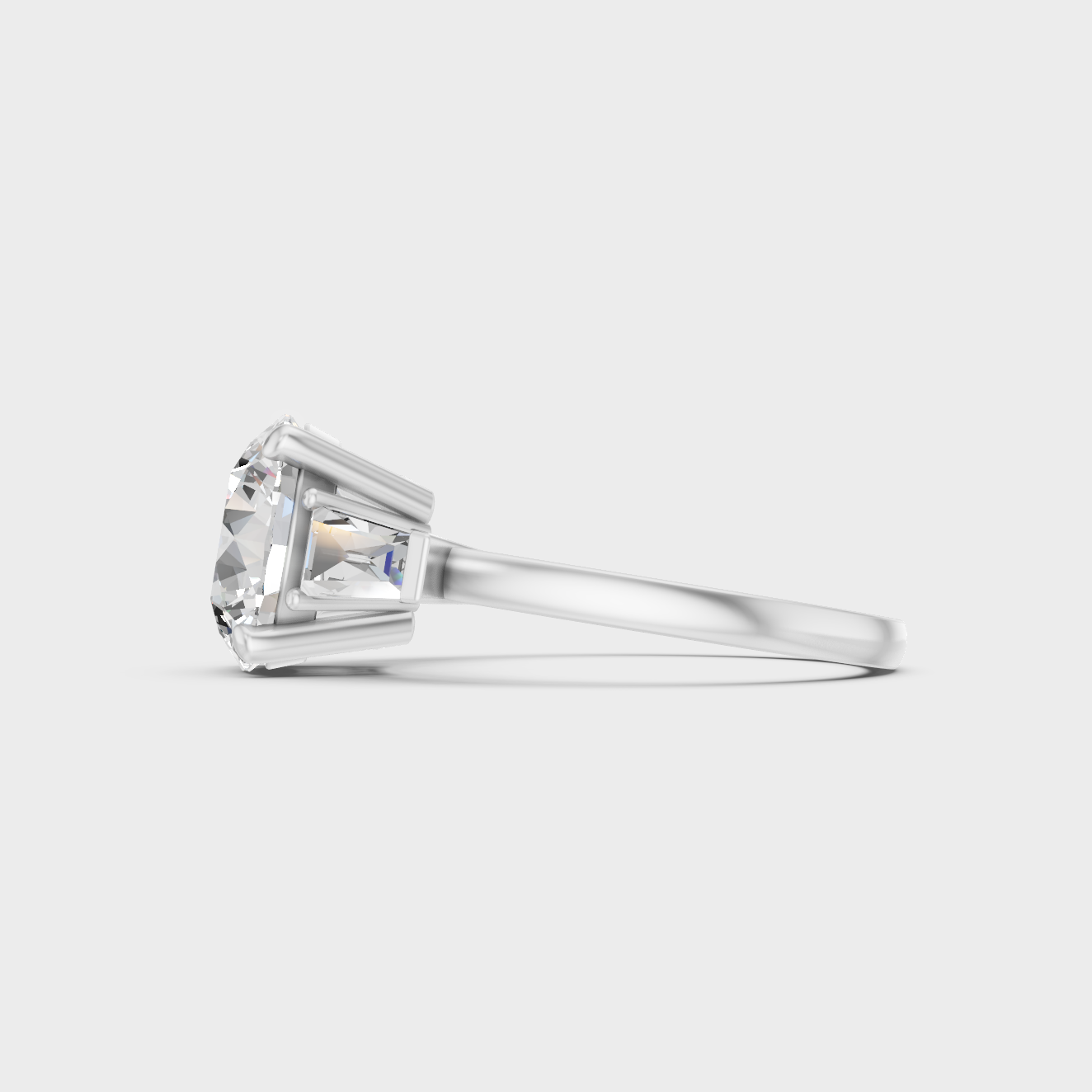 Radiant 3.32 Ct round and baguette lab-grown diamond ring, modern 9K white gold design.