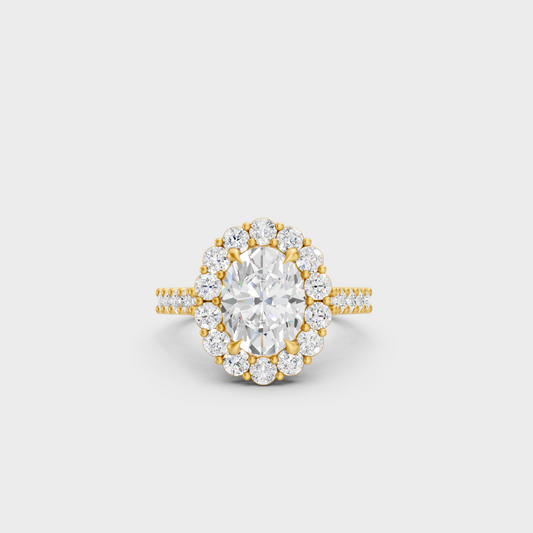 Luxury Oval Solitaire Diamond Ring In Yellow Gold With Round Accents