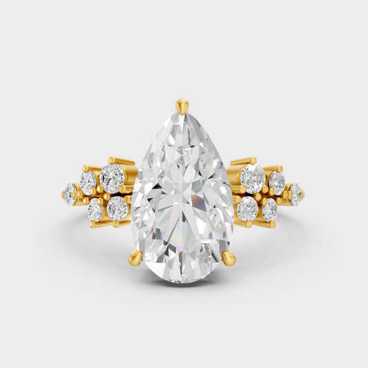 Luxury Pear Diamond Solitaire Ring In Yellow Gold With Round Accents