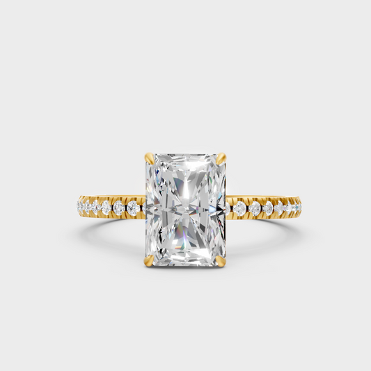 Luxury Radiant Diamond Solitaire Ring In Yellow Gold With Round Accents