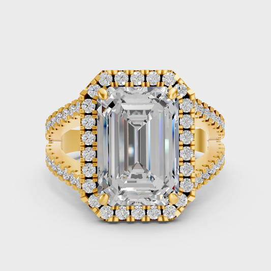 Luxury Emerald Halo Diamond Ring In Yellow Gold With Round Accent Sparkle