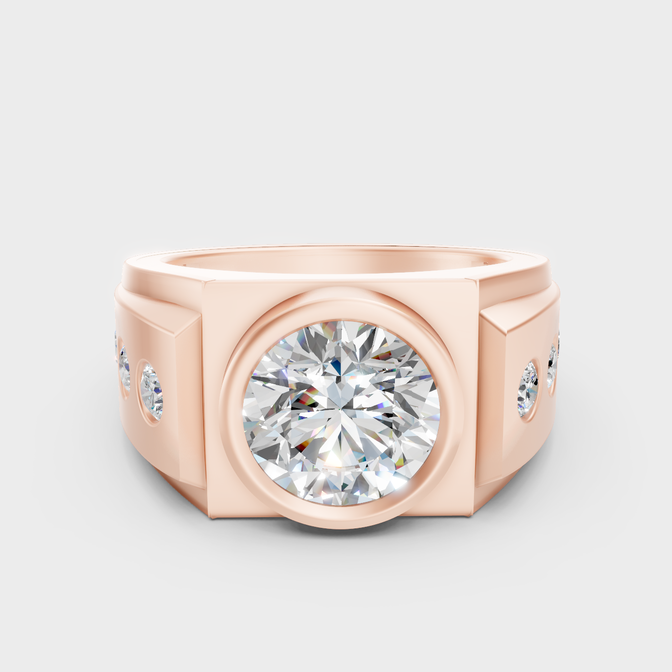 Modern 18K Rose Gold Men’s Ring With Round Lab-Grown Diamond And Accents