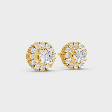 Classic 14K Yellow Gold Lab Diamond Halo Studs Featuring 1.27 Carat Each Round Stones