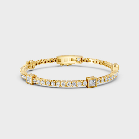 4.42 Ct Princess And Round Cut Lab Grown Diamond Tennis Bracelet In Yellow Gold Luxury Design