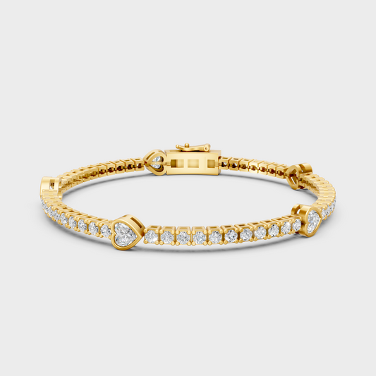 GLI Certified 4.42 Ct Lab Grown Heart And Round Diamond Tennis Bracelet In Yellow Gold Luxury