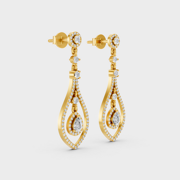 Yellow Gold Round Pear Diamond Drop Earrings 1.29 Ct Lab Created Brilliant Sparkle