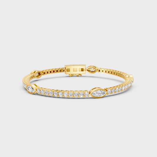 GLI Certified 4.42 Ct Lab Grown Marquise And Round Diamond Tennis Bracelet In Yellow Gold Luxury