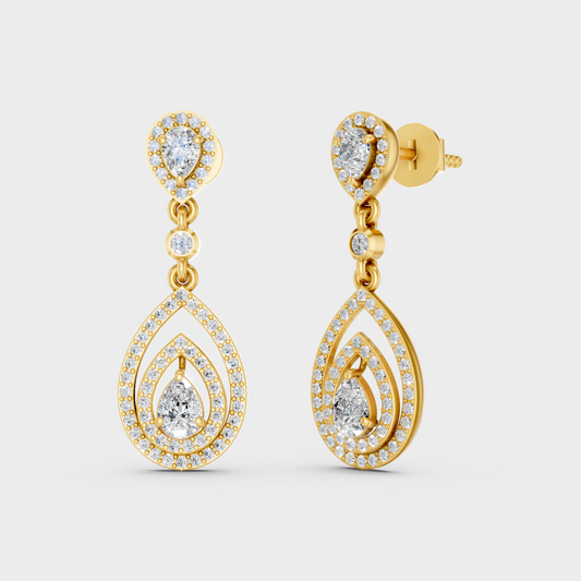 1.21 Ct Lab Grown Diamond Drop Dangler Earrings In Yellow Gold Round Pear Luxury Jewelry