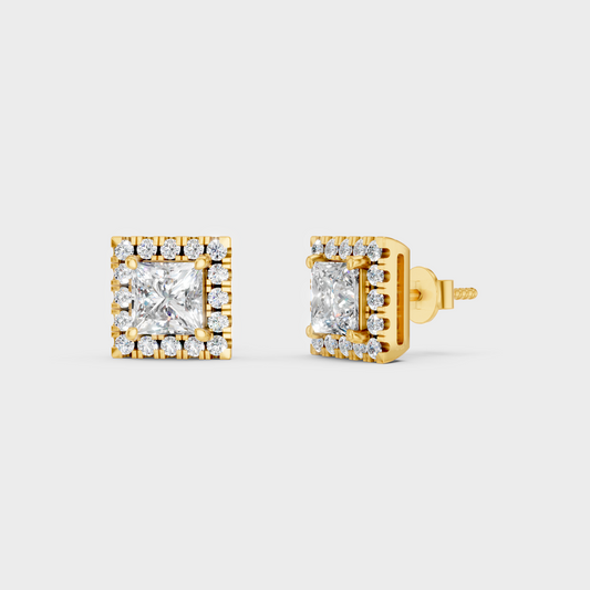 1.28 Ct Total Princess Round Lab Grown Diamond Halo Earrings In Yellow Gold Luxury Jewelry