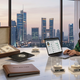 A high-end studio still life on a marble surface with loose and set lab-grown diamonds, a luxurious open walnut jewelry box, and a futuristic Mumbai skyline at twilight, for a guide on top Indian brands.
