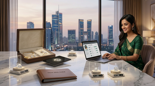 A high-end studio still life on a marble surface with loose and set lab-grown diamonds, a luxurious open walnut jewelry box, and a futuristic Mumbai skyline at twilight, for a guide on top Indian brands.
