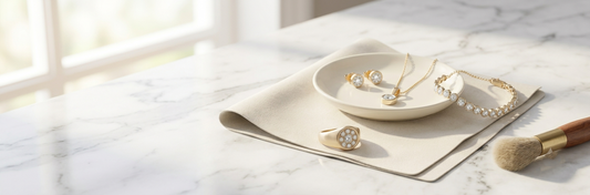 Lab-grown diamond jewellery including ring, necklace and bracelet arranged with cleaning tools on ivory fabric in a luxury care concept.