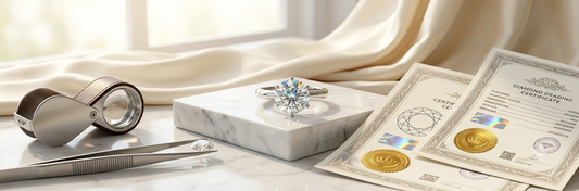 Diamond ring displayed with multiple certification documents including IGI and GLI style certificates in a luxury trust concept.