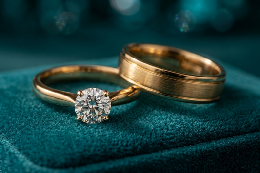 A round-cut lab-grown diamond ring on a wooden table next to an IGI certificate and a guide titled 'Lab-Grown Diamond Engagement Rings in India 2025'.
