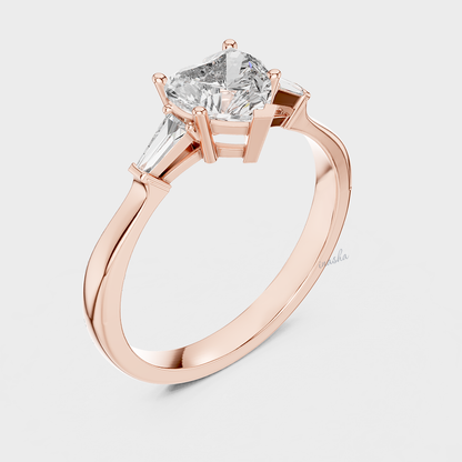 Rose gold ring with a large diamond and smaller baguette-cut diamond 