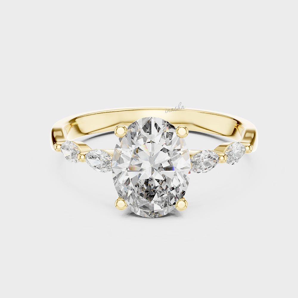Gold ring with a large diamond and smaller diamonds on the sides 