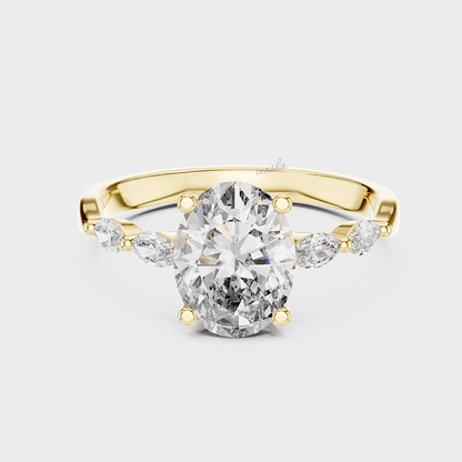 Gold ring with a large diamond and smaller diamonds on the sides 