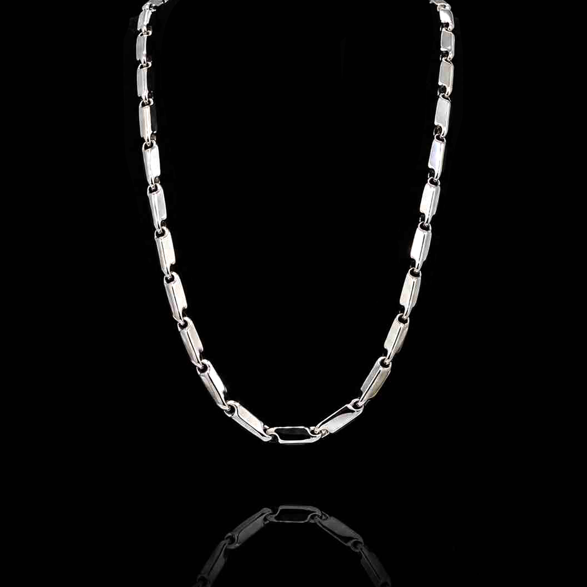 Close-up view of Inasha Diamonds men's platinum necklace with polished bar links