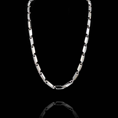 Close-up view of Inasha Diamonds men's platinum necklace with polished bar links