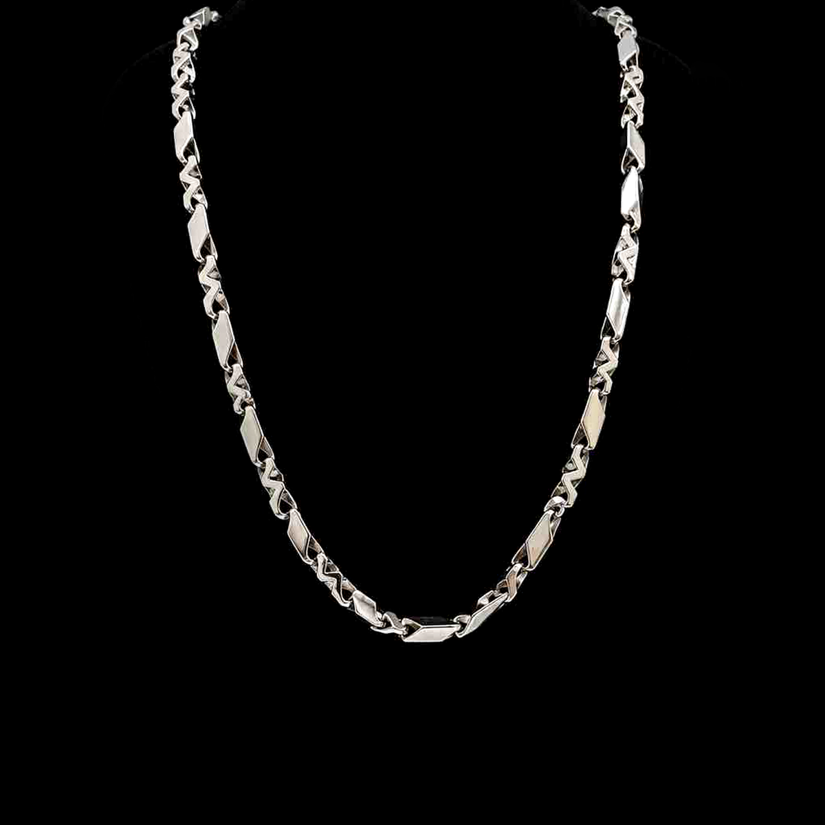 Men's platinum chain models showcasing structured angular links and high-polish finish