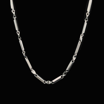 Men’s platinum chain models showcasing geometric bar links and sculpted connectors