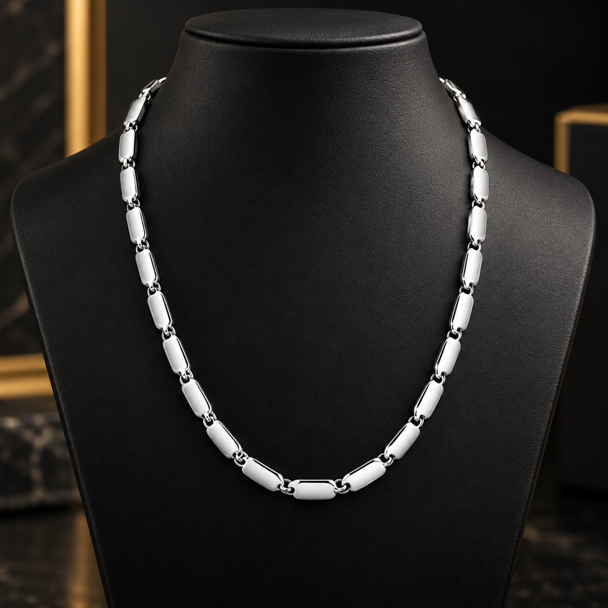 Close-up view of a rounded box link platinum chain necklace for men in genuine 950 platinum