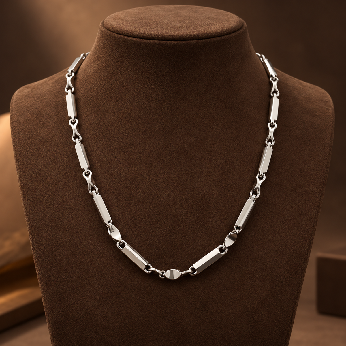 Close-up view of a bar link platinum chain necklace for men in genuine 950 platinum