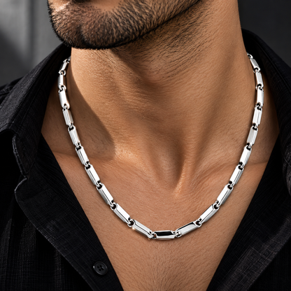 950 platinum chain for men featuring a modern bar and link design worn on a male model