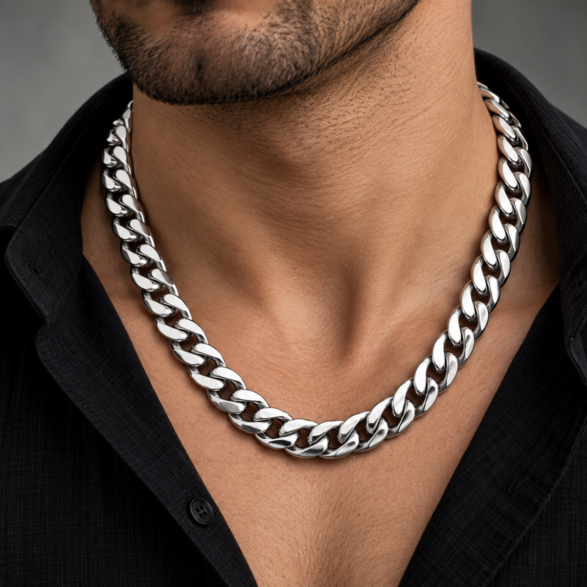 Studio product shot of Inasha Diamonds 950 platinum chain for men in a classic curb style