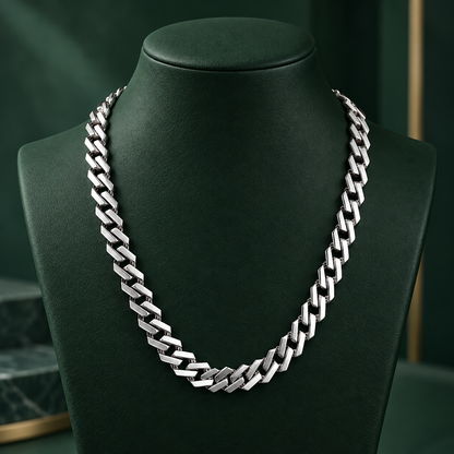 Men’s Cuban link platinum neck chain showcasing interlocking links and a high-polish finish