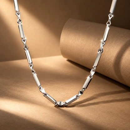 Studio product shot of Inasha Diamonds 950 platinum chain for men with polished bar links