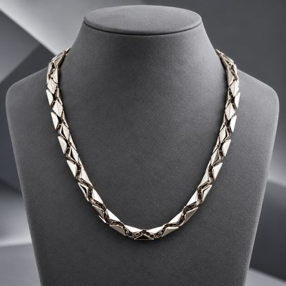Men’s platinum chain models showcasing textured geometric patterns and high-polish finish