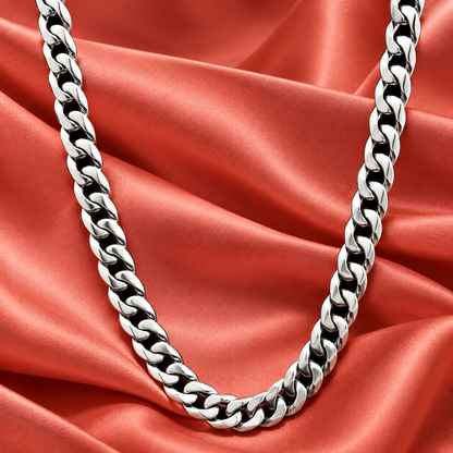 Men's platinum chain models showcasing interlocking Miami Cuban links with high polish