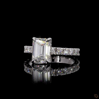 White gold lab grown diamond halo ring emerald and round cut